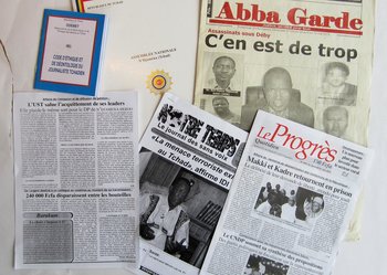 A selection of Chadian publications related to arrests, detentions and attacks on freedom of expression. (Abba Garde, ODEMET, Notre Temps, Le Progrès)