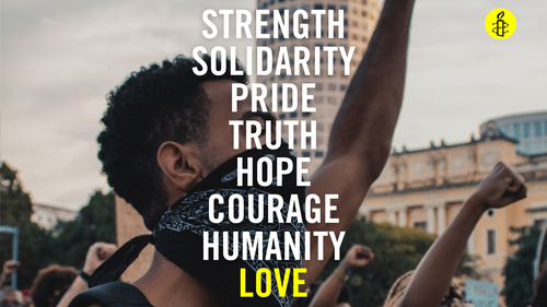 image reads: solidarity, hope, love, courage, strength and justice