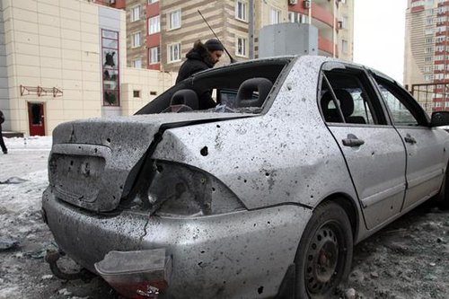 Car destroyed by shelling in Ukraine