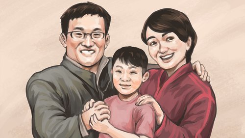An illustration of China human rights lawyer Wang Quanzhang and his family