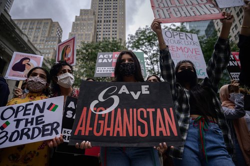 March and protest aiming to raise awareness of Afghanistan's refugee crisis following the Taliban takeover, in New York on August 28, 2021