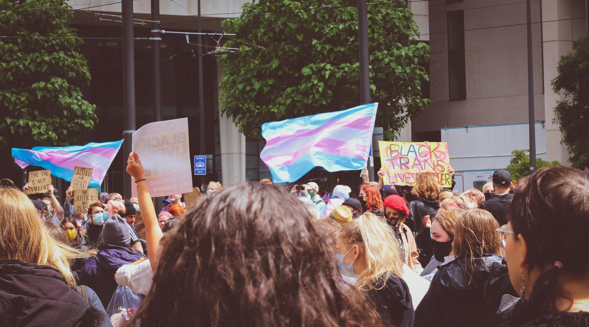 Hundreds of protesters on a street with a light blue, pink and white placard help up with the words 'Trans lives matter'