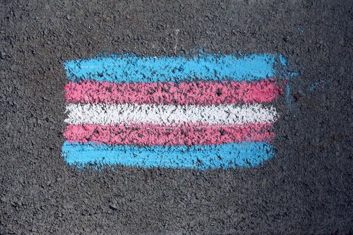 A chalk drawing of a trans flag on a pavement (lines of blue, pink and white on top of each other)