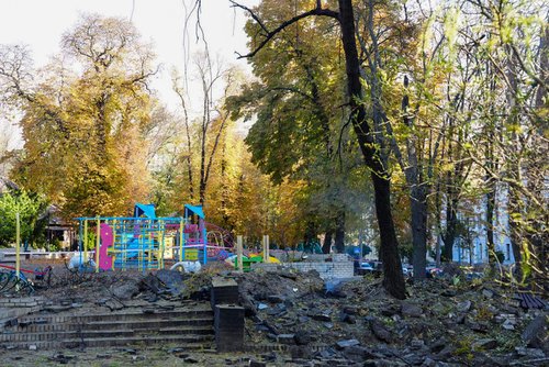 A view of total devastation after a playground was hit by several explosions in the Shevchenkivskyi district of Kyiv