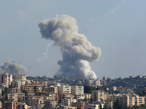 Smoke billows from a site targeted by Israeli shelling in the southern Lebanese village of Zaita on September 23, 2024. The Israeli military on September 23 told people in Lebanon to move away from Hezbollah targets and vowed to carry out more "extensive and precise" strikes against the Iran-backed group.