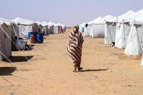 A Sudanese woman walks past tents at a camp for displaced people in the northern town of Al-Dabba on November 13, 2025