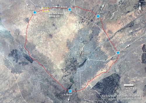 The map above shows the 57km berm constructed by the RSF between May and October 2025. Blue squares indicate openings in the berm with controlled checkpoints. The location of the Abu Lulu mass killing is highlighted.