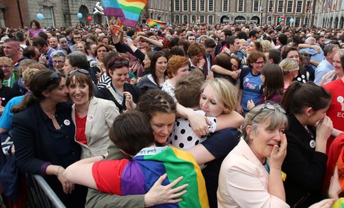 Supporters outside Dublin Castle following the marriage referendum on 23 May