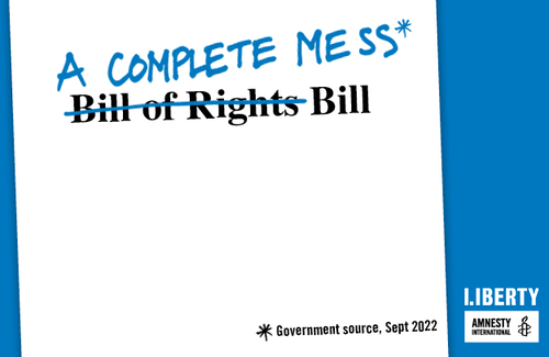 Image of the Bill of Rights cross out and handwritten 'A complete mess'