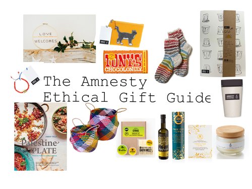 Ethical gift guide images include 'Palestine on a plate' book cover, yellow purse with cat design, colourful baskets, a white notebook, colourful woolen socks and a red bracelet