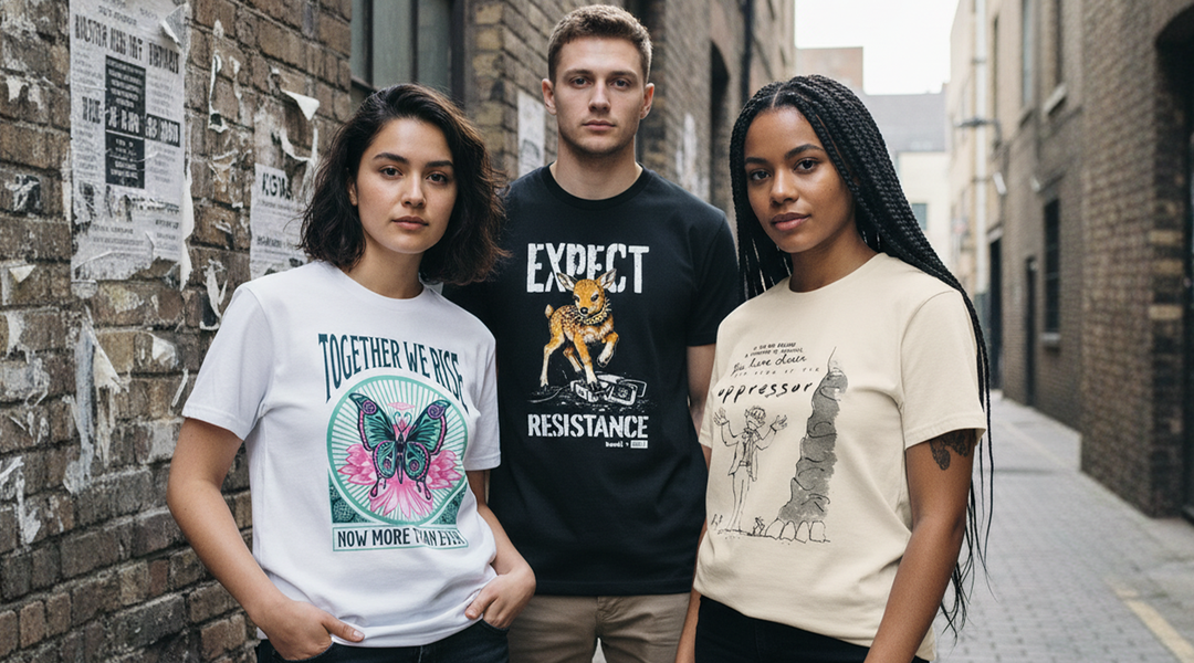 Three people wearing versions t-shirts from the new Amnesty collection