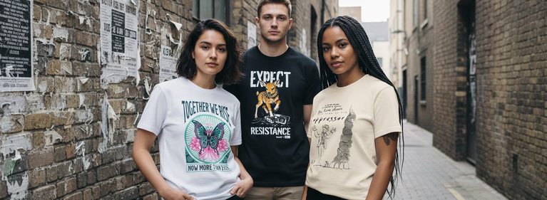 Three people wearing versions t-shirts from the new Amnesty collection