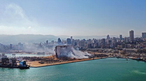 An aerial view of damage done to Beirut port's grain silos and surrounding area around it after explosion on August 5, 2020