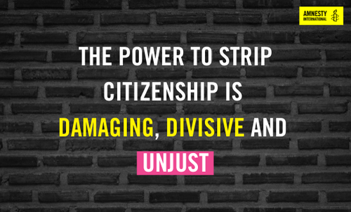 Background is a black brick wall. Text reads "The power to strip citizenship is damaging, divisive, and unjust." amnesty logo sits top right
