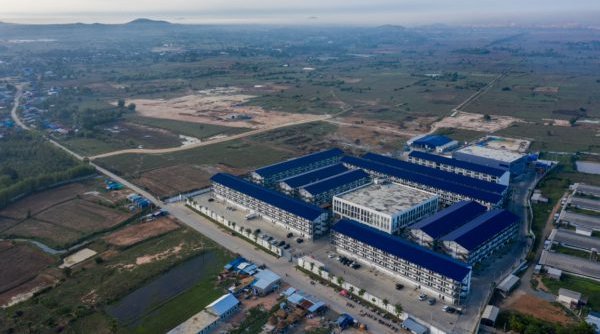 Aerial view of a large scamming compound in Cambodia