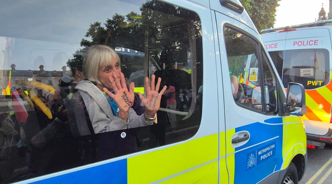 A Defend Our Juries protester, a woman with grey hair, has been arrested and put in the back of a police van. She is holding her hands up against the window.