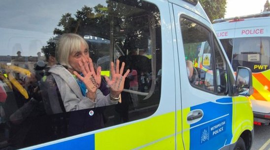 A Defend Our Juries protester, a woman with grey hair, has been arrested and put in the back of a police van. She is holding her hands up against the window.