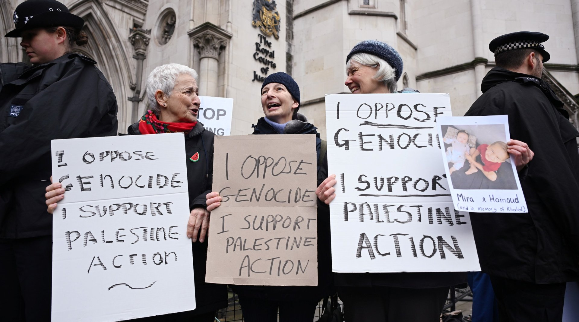 Demonstrators gather outside the High Court during a ruling on whether the government's ban of Palestine Action was unlawful on February 13, 2026 in London, United Kingdom.