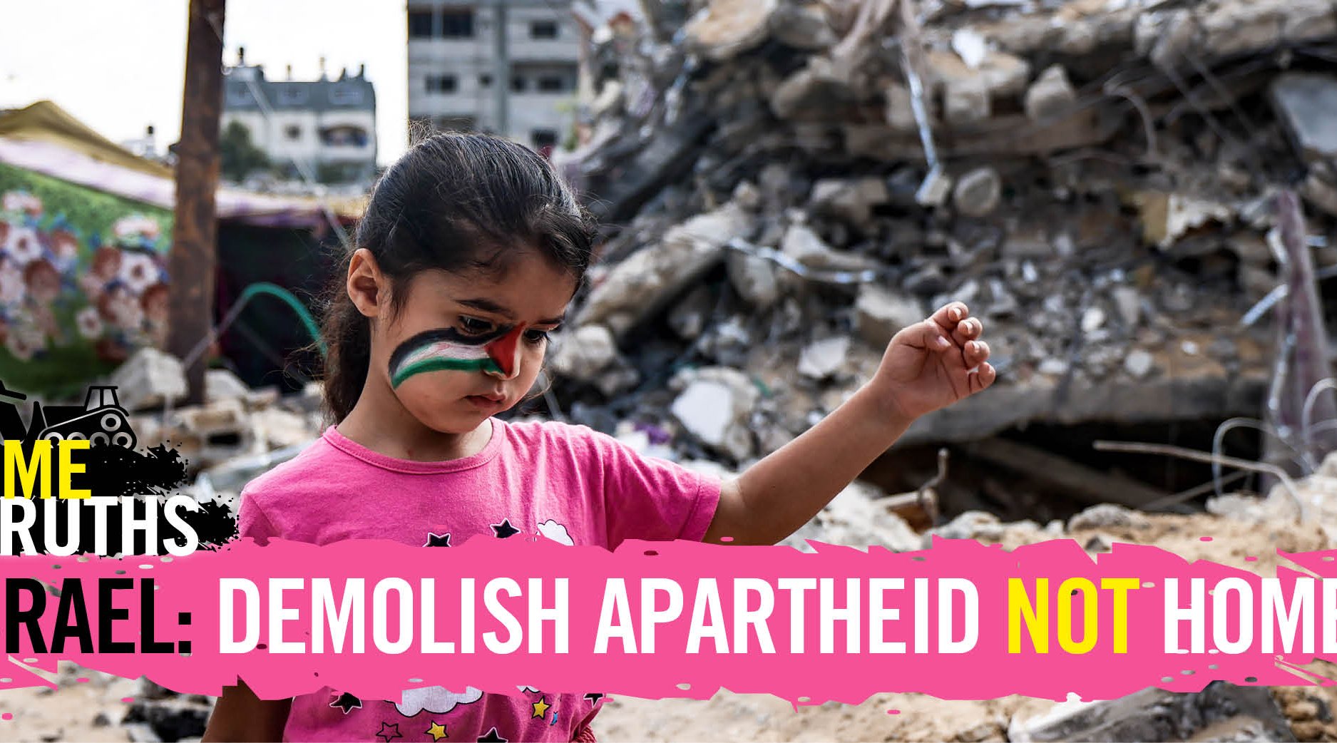 Child with a Palestinian flag painted on their face in front of rubbles of broken homes