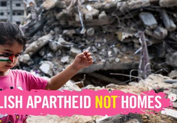 Child with a Palestinian flag painted on their face in front of rubbles of broken homes