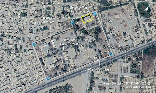 Satellite imagery from 20 October 2013 shows the IRGC compound with a walled perimeter, elevated guard posts along the walls - highlighted with blue squares - and a controlled entrance.