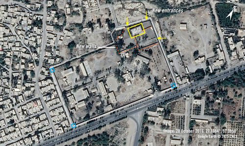 Imagery from 28 October 2016 shows new walls have been erected in the northeast section, separating two buildings from the compound, as well as three new gated entrances. The two elevated guard posts seen in satellite imagery in 2013 are no longer there.