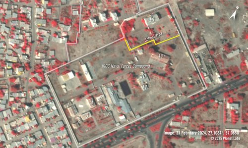 False-colour, near infrared satellite imagery from 21 February 2024, highlights the IRGC compound and school area. The 13 buildings (12 within the IRGC compound and one in the school area) that appeared damaged or destroyed later are numbered on the image