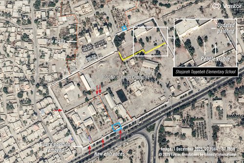 Satellite imagery from 1 December 2025 shows the IRGC compound and the walled off school before the airstrikes. People are visible in front of the school building, and the grounds and walls appear to have updated painting since September 2024. In the IRGC