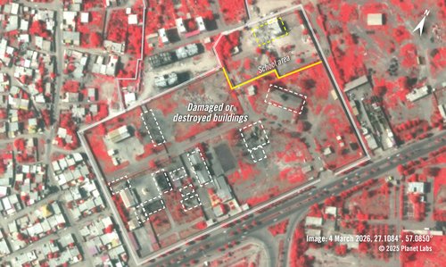 Satellite imagery from 4 March 2026, shows the heavily damaged or destroyed buildings and structures within the IRGC compound - highlighted with white dotted boxes. The destroyed school building  is highlighted with a yellow box. The near-infrared band hi