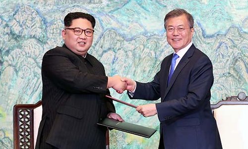 North Korea's leader Kim Jong Un and South Korea's President Moon Jae-in meet on 27 April 2018