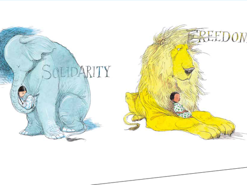 A section of the poster by Chris Riddell, depicting an elephant and a lion with the words 'Solidarity' and 'Freedom'
