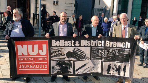 Amnesty International's Patrick Corrigan joined the NUJ solidarity protest outside Belfast High Court
