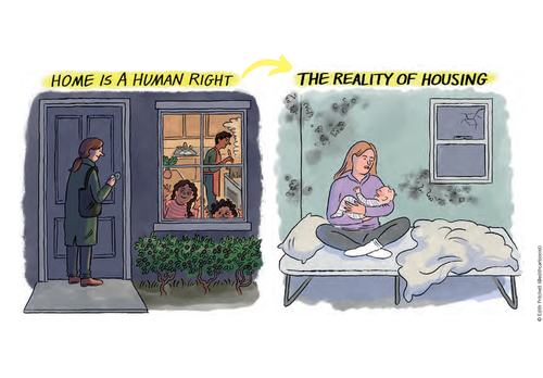 Illustration showing two images - on the left, titled "Human Is A Human Right", a mother is opening the door to her house where you see the father cooking and the children anticipating her entrance behind the window. On the right, titled "The Reality of Housing" shows a single mother with a baby sitting on a bed in a decrepit house with black mould and broken windows.