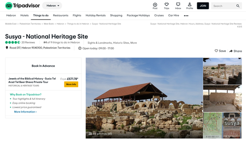 TripAdvisor listing of settler-managed historical sight on Palestinian land