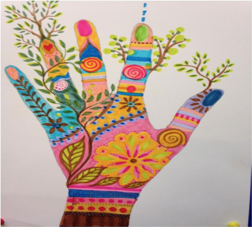 Illustration of a hand covered in lots of bright colours and patterns