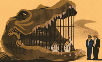 Animation of alligator and people stuck inside in a cage