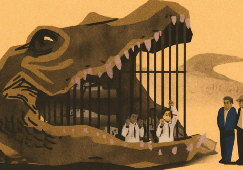 Animation of alligator and people stuck inside in a cage