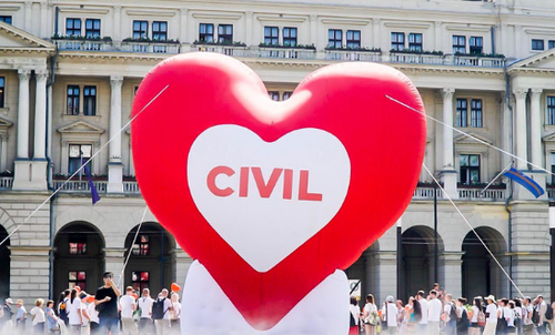 Giant heart balloon outside the Parliament in Budapest