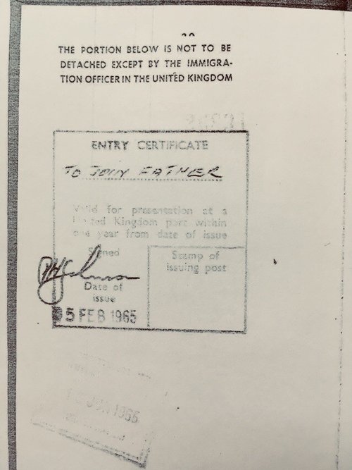 Stamp of entry for a child joining their father in the UK in 1965 (with no limit on entry or stay)