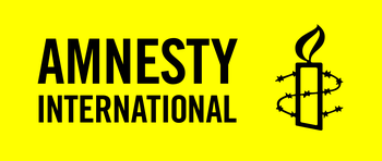 Amnesty International UK logo - black writing on yellow background next to Amnesty candle wrapped in barbed wire symbol