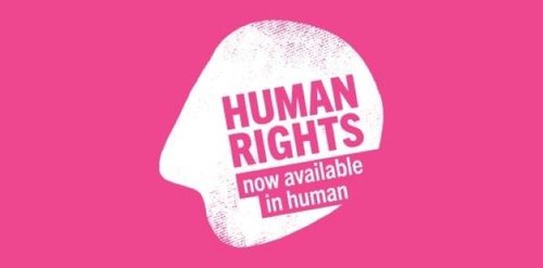 Graphic of the outline of a human face in profile. Text across it reads: human rights, now available in human