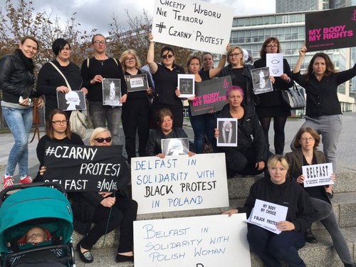 Black Monday protestors in Belfast earlier today