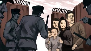 Illustration of four children at a camp with authority figures pointing at them threateningly