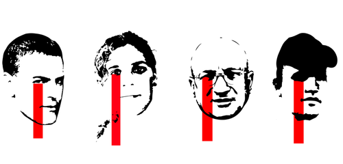 Graphic black and white image showing headshots of four prisoners with graphic red bars in front of their faces