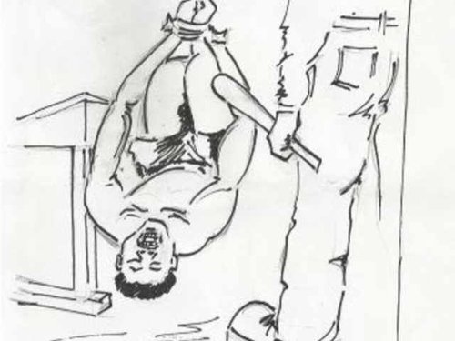 Detainee suspended upside down by feet - illustration