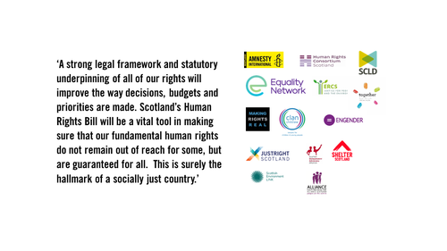 The graphic reads: A strong legal framework and statutory underpinning of all of our rights will improve the way decisions, budgets and priorities are made. Scotland’s Human Rights Bill will be a vital tool in making sure that our fundamental human rights do not remain out of reach for some, but are guaranteed for all.  This is surely the hallmark of a socially just country.
