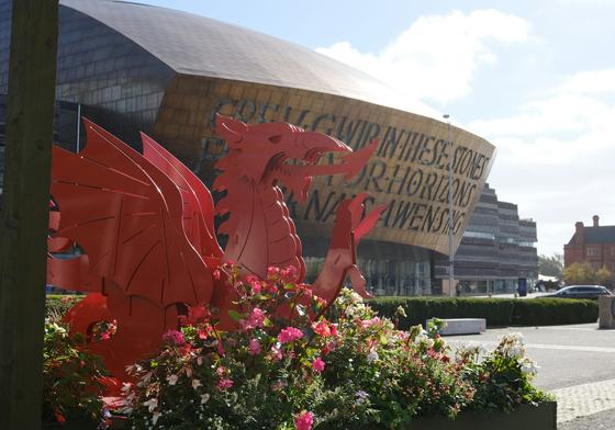 Wales Millennium Centre with a Welsh dragon