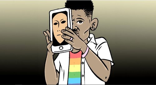 Cartoon of Black man wearing rainbow T-shirt holding mobile phone with an image of a mask in front of his face